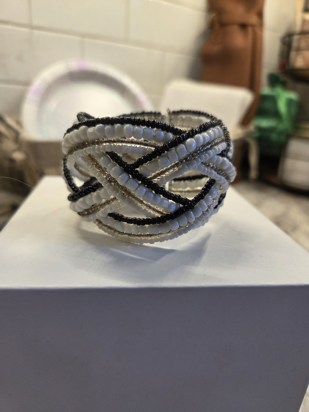 Beaded Braided Statement Cuff Bracelet — White, Black & Gold